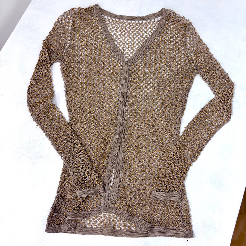 Natural Wood Bead Open Knit Crochet Cardigan Minimalist